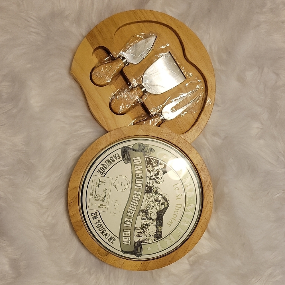 Wooden Cheese Board Set with Silver Utensils